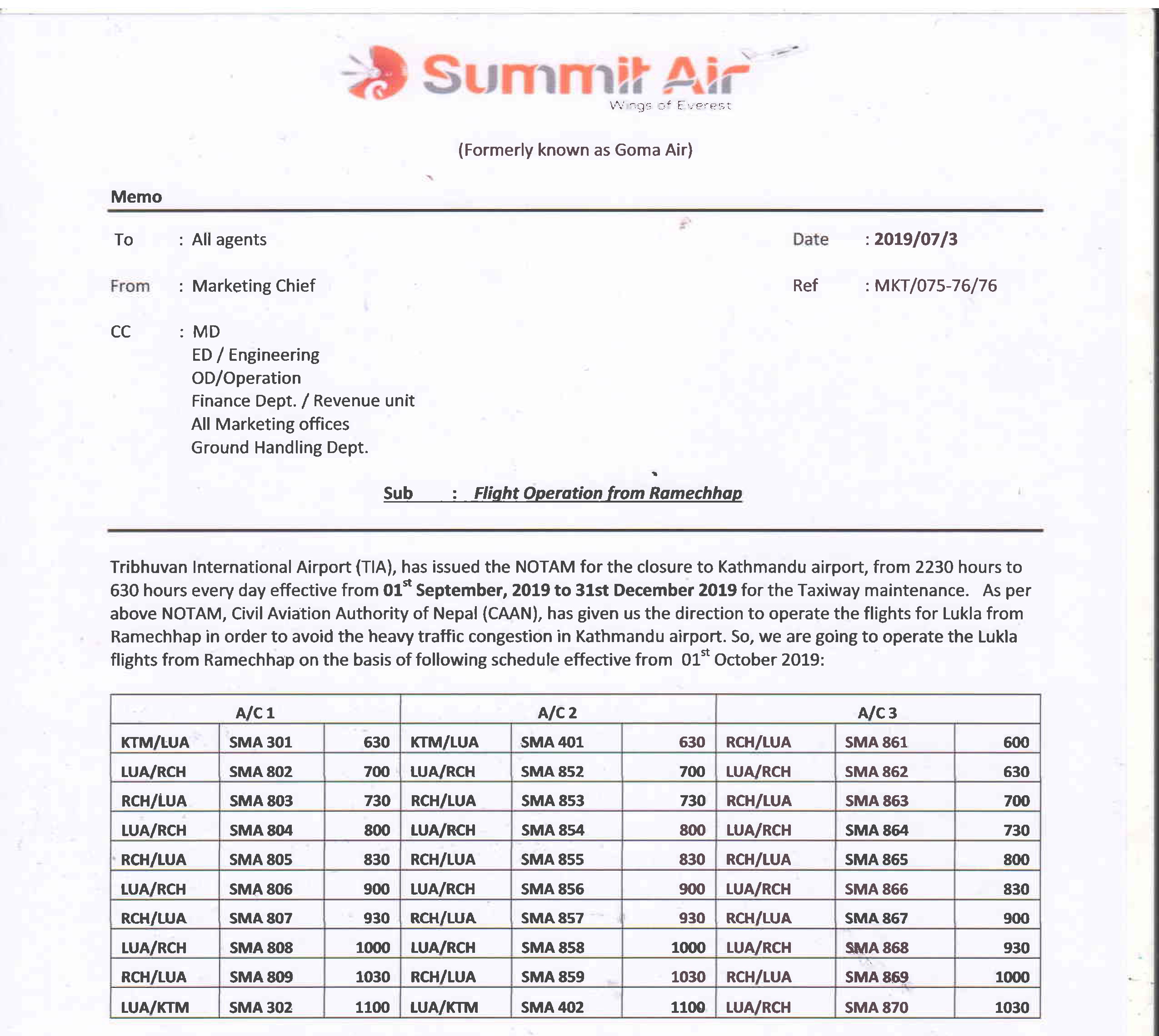 Summit Air Flight Reroute of Lukla