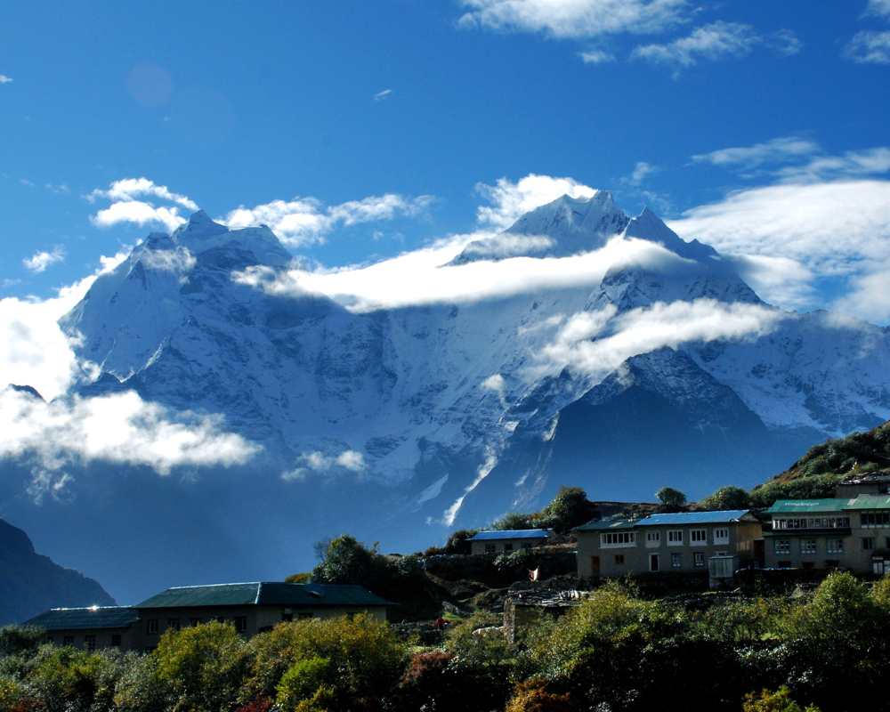 View of Thamserku peak from Namche Bazaar during Everest base camp trek