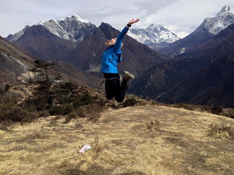 Trekker jumping in Excitement During Everest Base Camp Trek