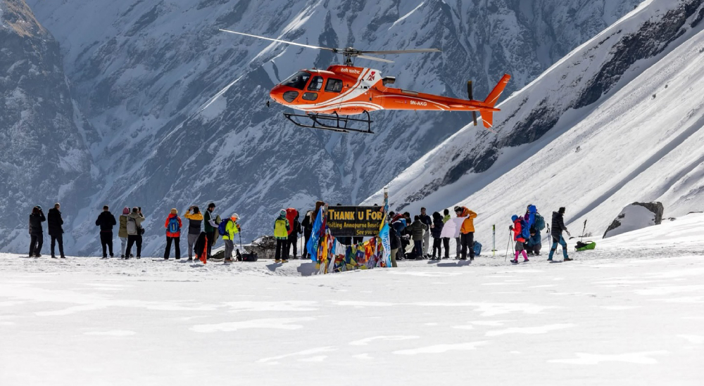 helicopter landing at annapurna base camp