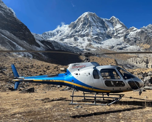 Landing Helicopter At Annapurna Base Camp Near Machhapuchhre