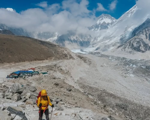 Trekker Stands As Approaches Gorakshep Village Near Ebc